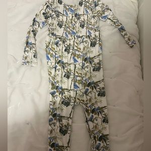 Kate Quinn Smocked Bamboo Romper in Blue Chickadee size 2T